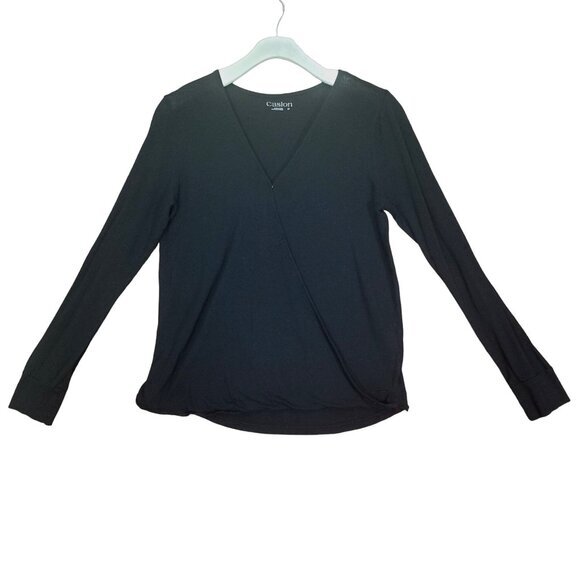 CASLON Womens Blouse SZ M Faux Wrap Long Sleeves‎ Black Semi-Sheer Snap Button - Picture 1 of 7